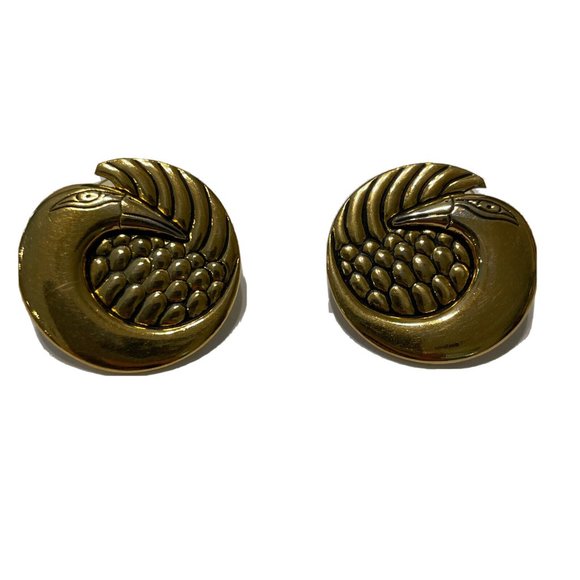 Laurel Burch Harlequin Bird Gold Tone Pierced Earrings Post Peacock Swan - Picture 1 of 7
